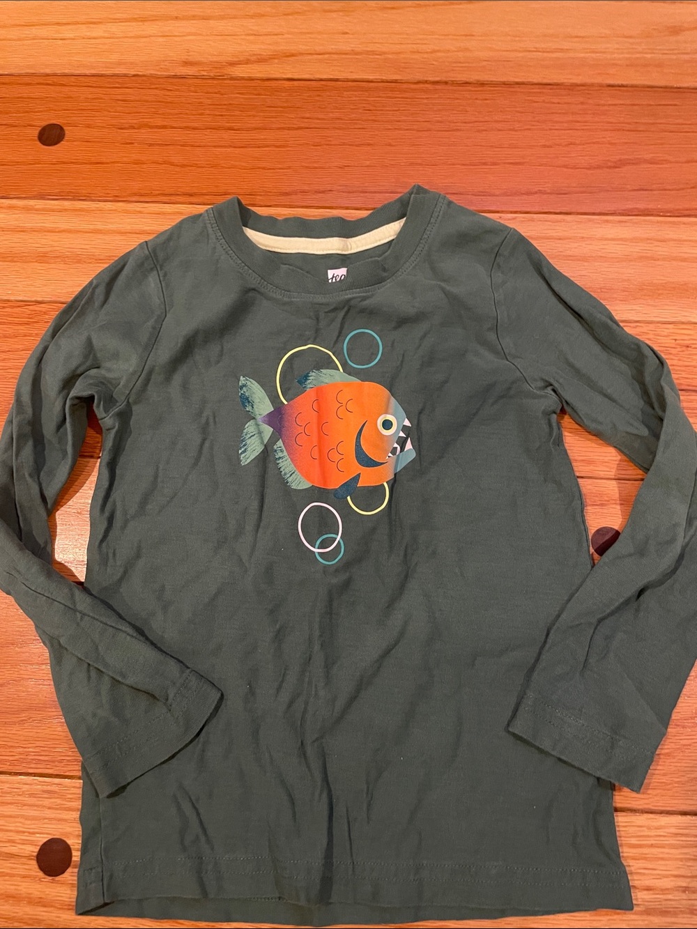 Tea Collection Kids' Dark Green Long Sleeve Shirt with Orange Fish Graphic